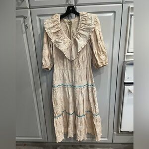 Handmade Cream Ruffled Tiered  Ribbons Dress Spanish Mexican Boho Style Sz M